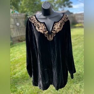 Kate Hill womens velvet v neck top blouse black size 2X gold sequins holiday NEW